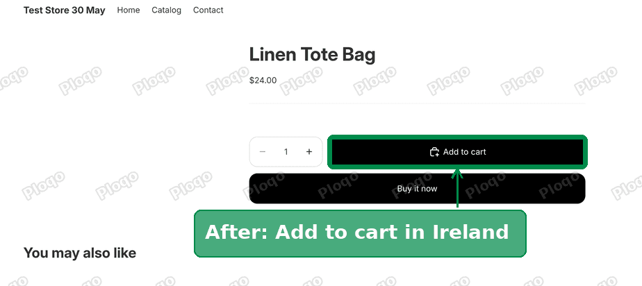 After: the same product page for a visitor from Ireland, now showing Add to cart