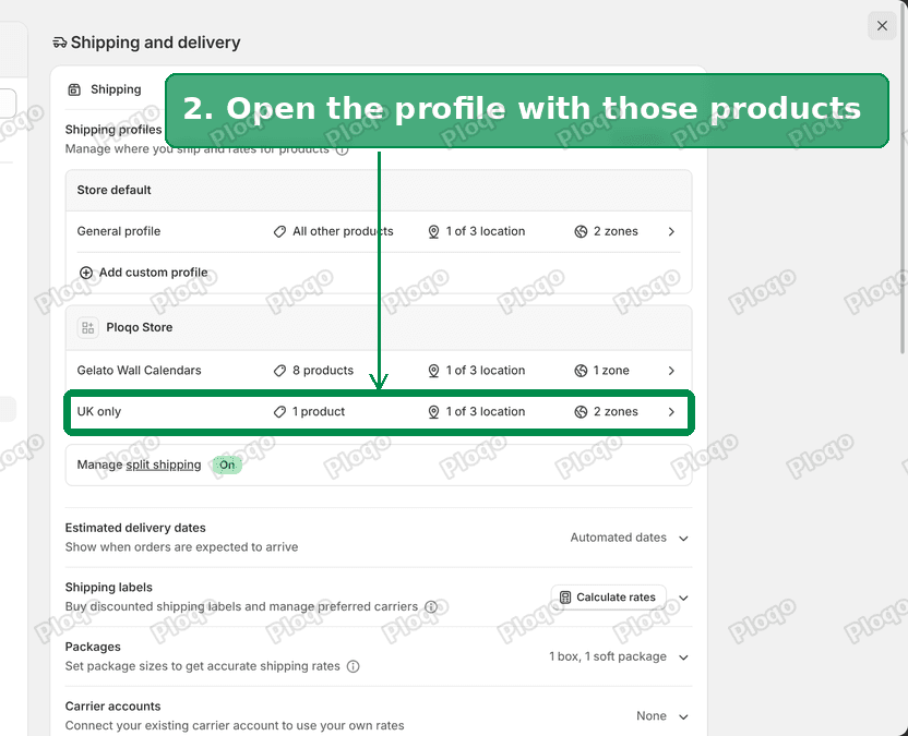 The Shipping profiles card, listing the General profile and the custom profiles with their product and zone counts