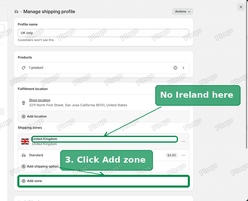 The shipping profile page with only a United Kingdom zone, and the Add zone button