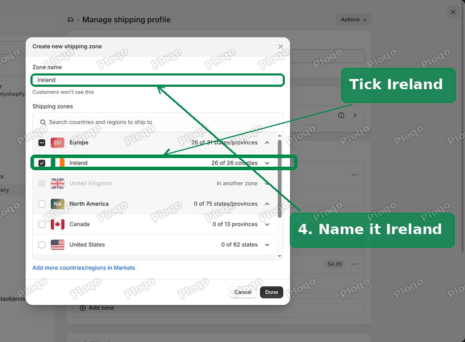 The Create new shipping zone dialog, with the zone named Ireland and Ireland ticked