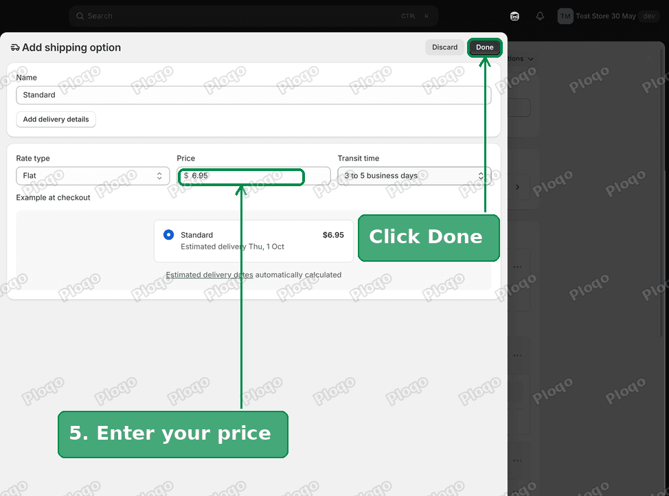 The Add shipping option page with a price of 6.95 and the Done button