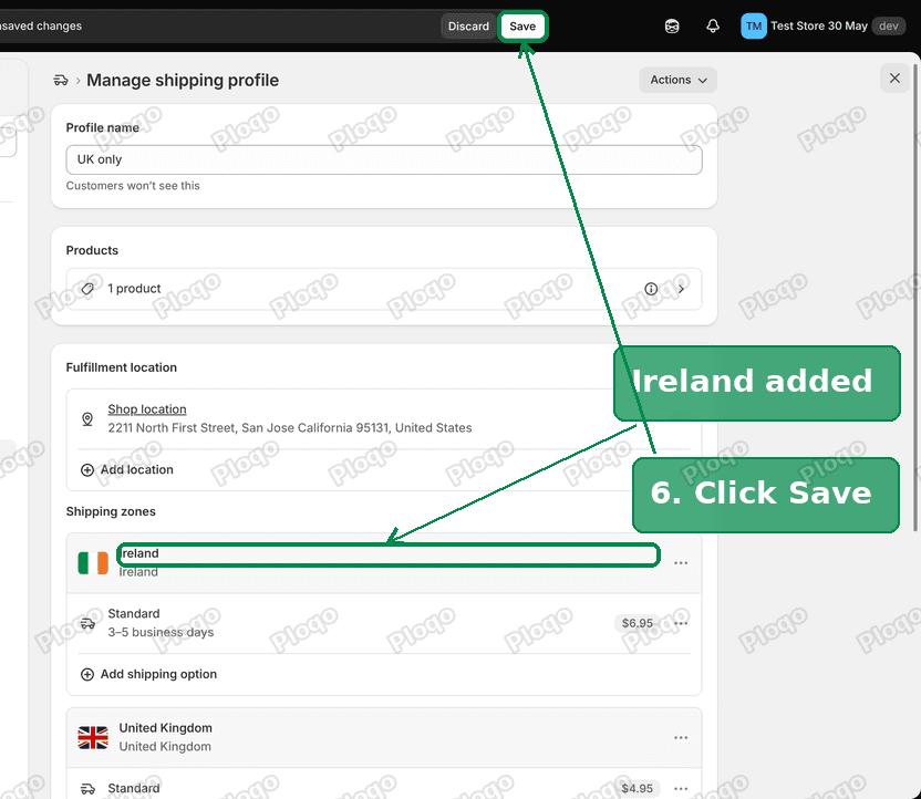 The profile with the new Ireland zone and the Save button