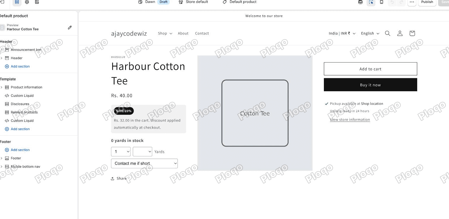 The Shopify theme editor on a product page, with Product information and Custom Liquid in the section list on the left, and the finished discount badge showing under the price