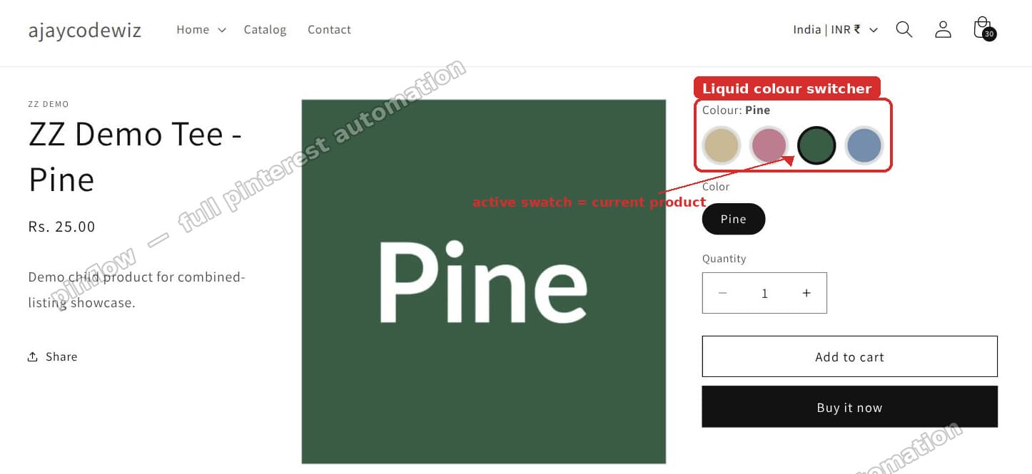 The colour switcher on the product page with the active colour ringed
