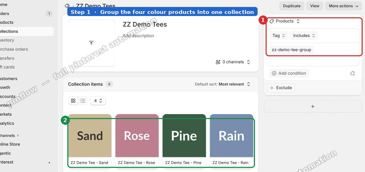 A smart collection built from a tag rule, showing all four colour products