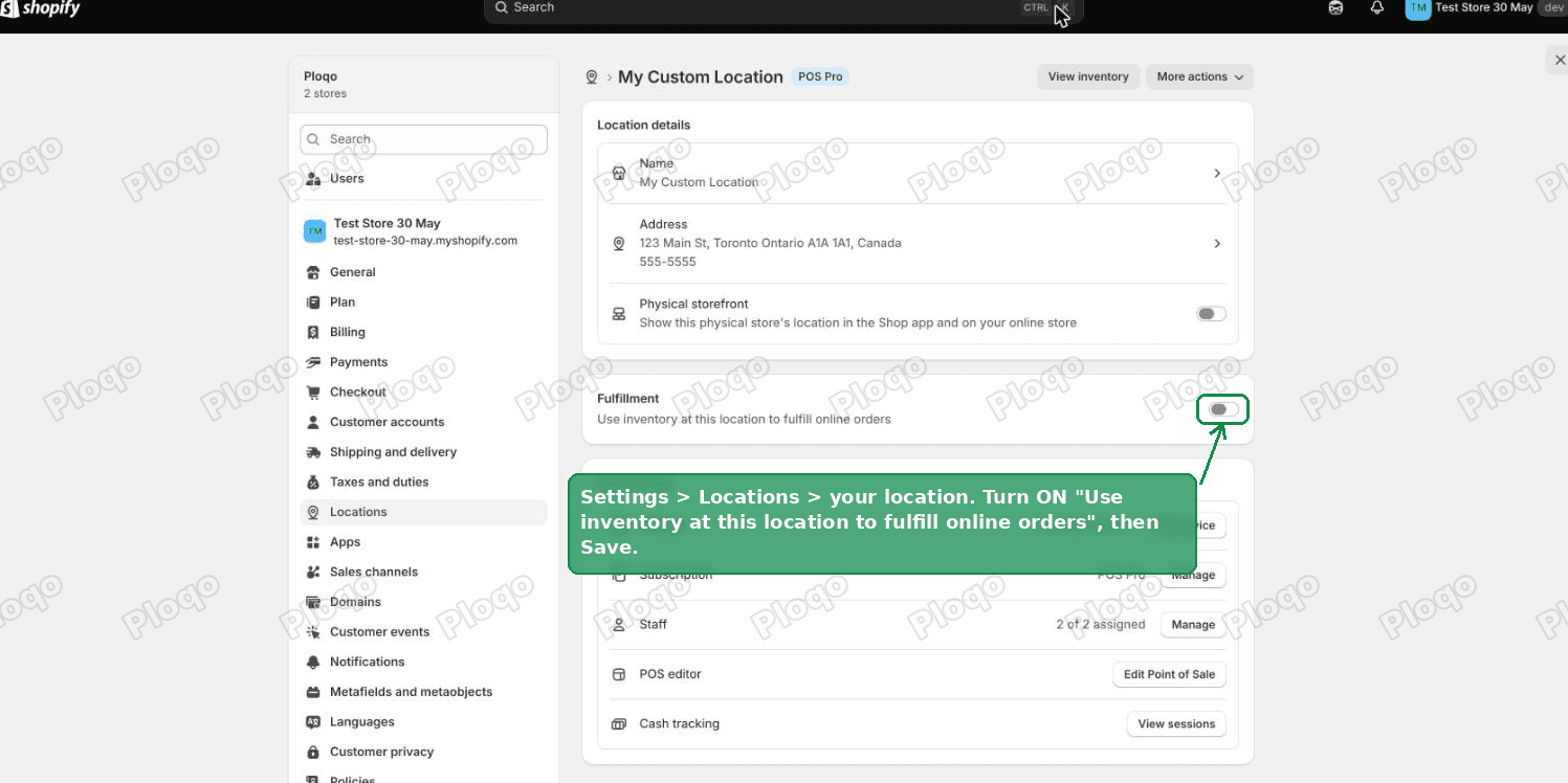 The location settings page with the fulfill online orders switch turned on