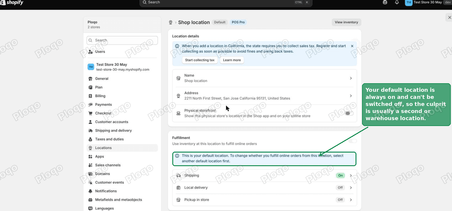 Shopify note explaining the default location always fulfills online orders