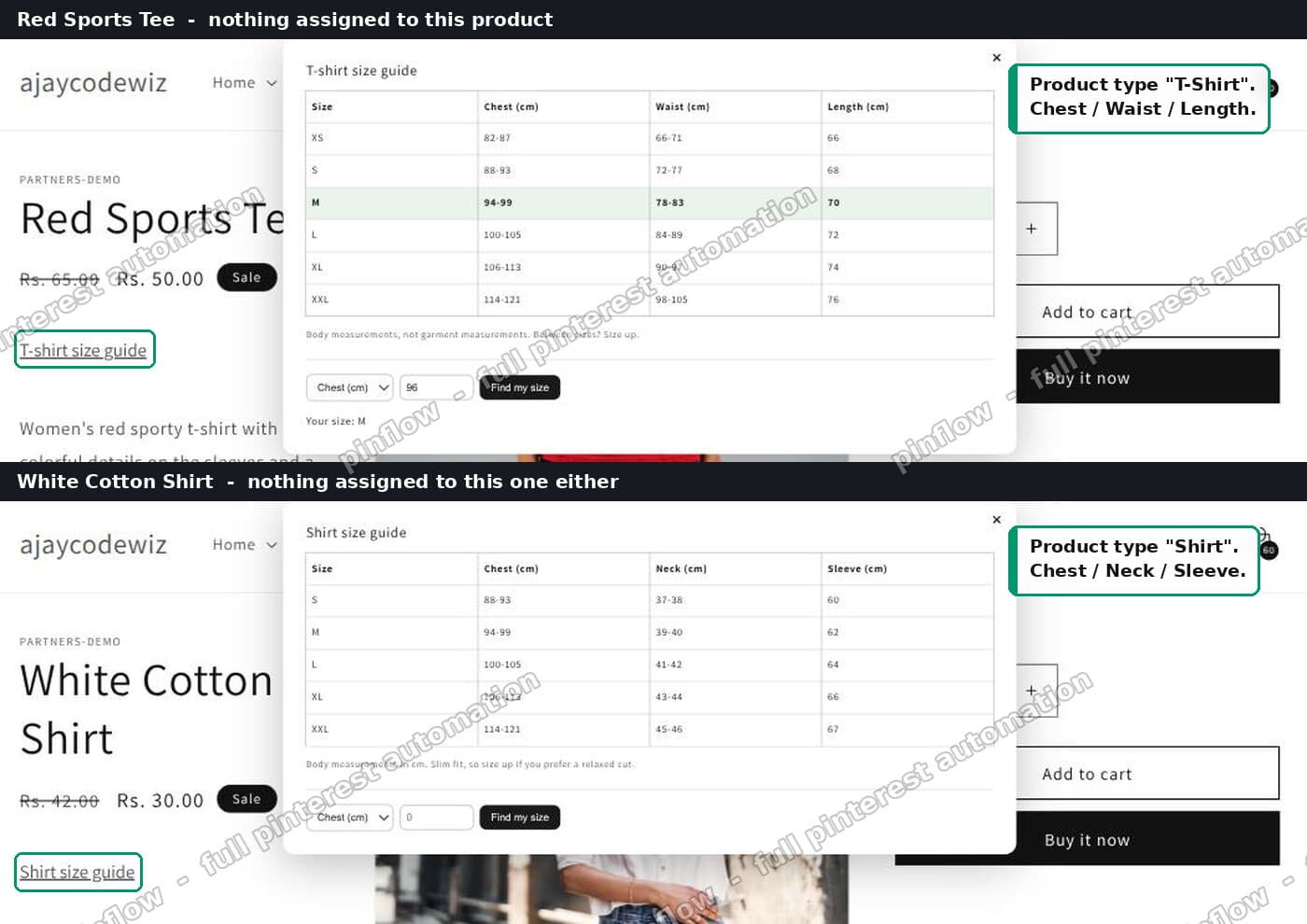 Two products with no chart assigned, each showing a different size chart based on product type