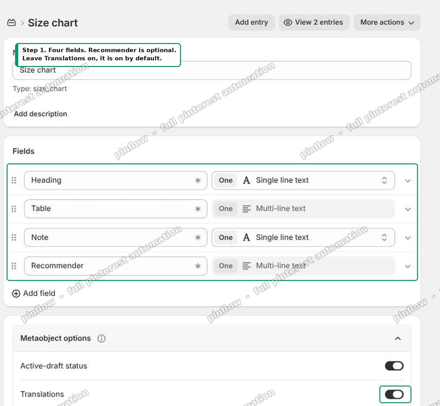 The Size chart metaobject definition with four fields and the Translations toggle enabled