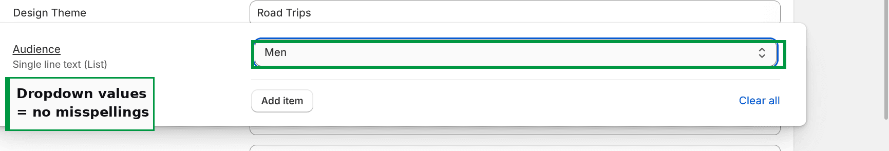 A Shopify product showing Audience set to Men and Design theme set to Road Trips, both chosen from dropdown lists
