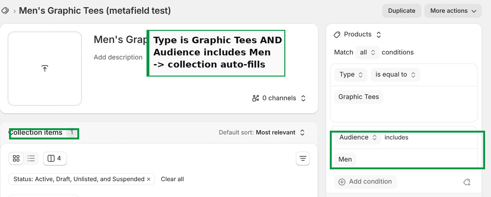 A Shopify smart collection with two conditions, Product type is Graphic Tees and Audience includes Men, showing one matching product
