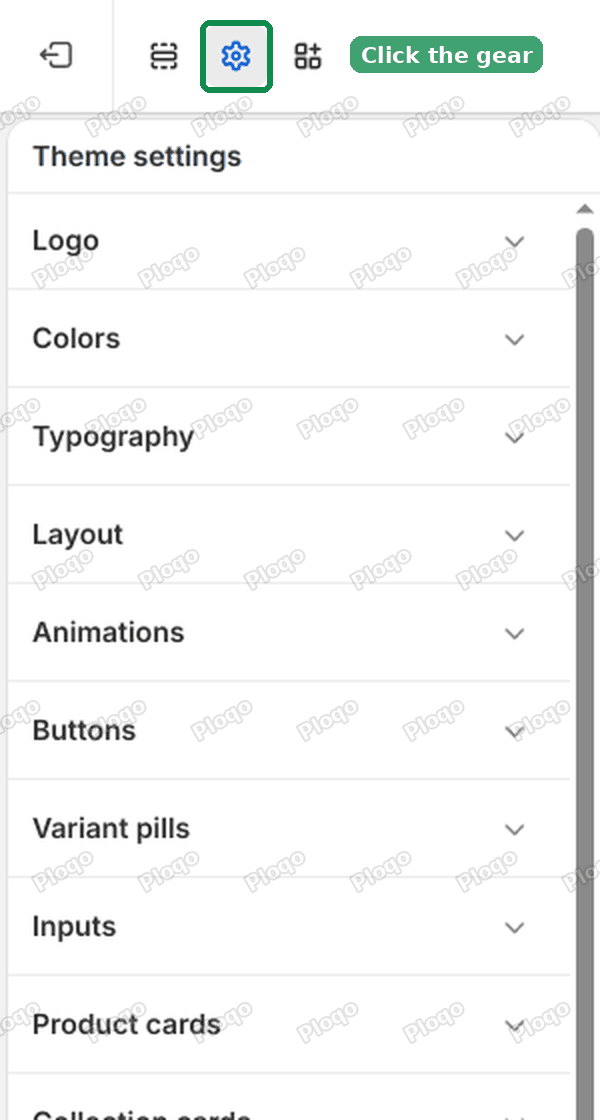 Theme editor with the gear icon highlighted at the top of the left sidebar