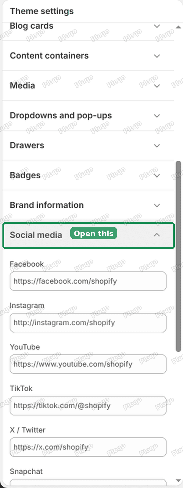 Theme settings list with the Social media section highlighted and opened