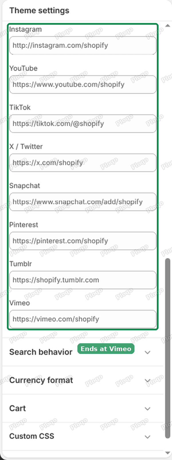 Bottom of the Social media list in Dawn ending at Vimeo, with the networks highlighted