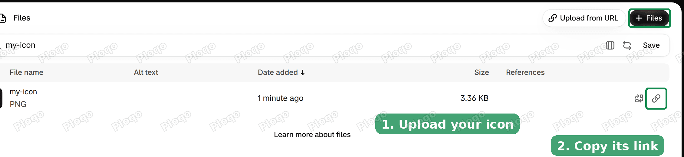 Content Files page with the upload button and the copy link icon highlighted