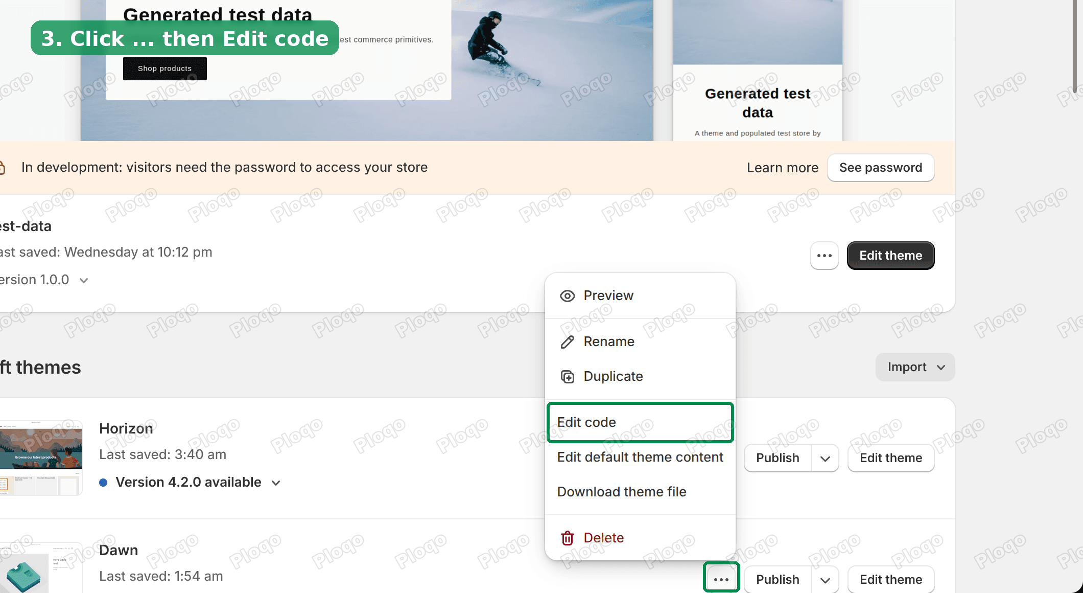 Themes page with the three dots menu open and Edit code highlighted