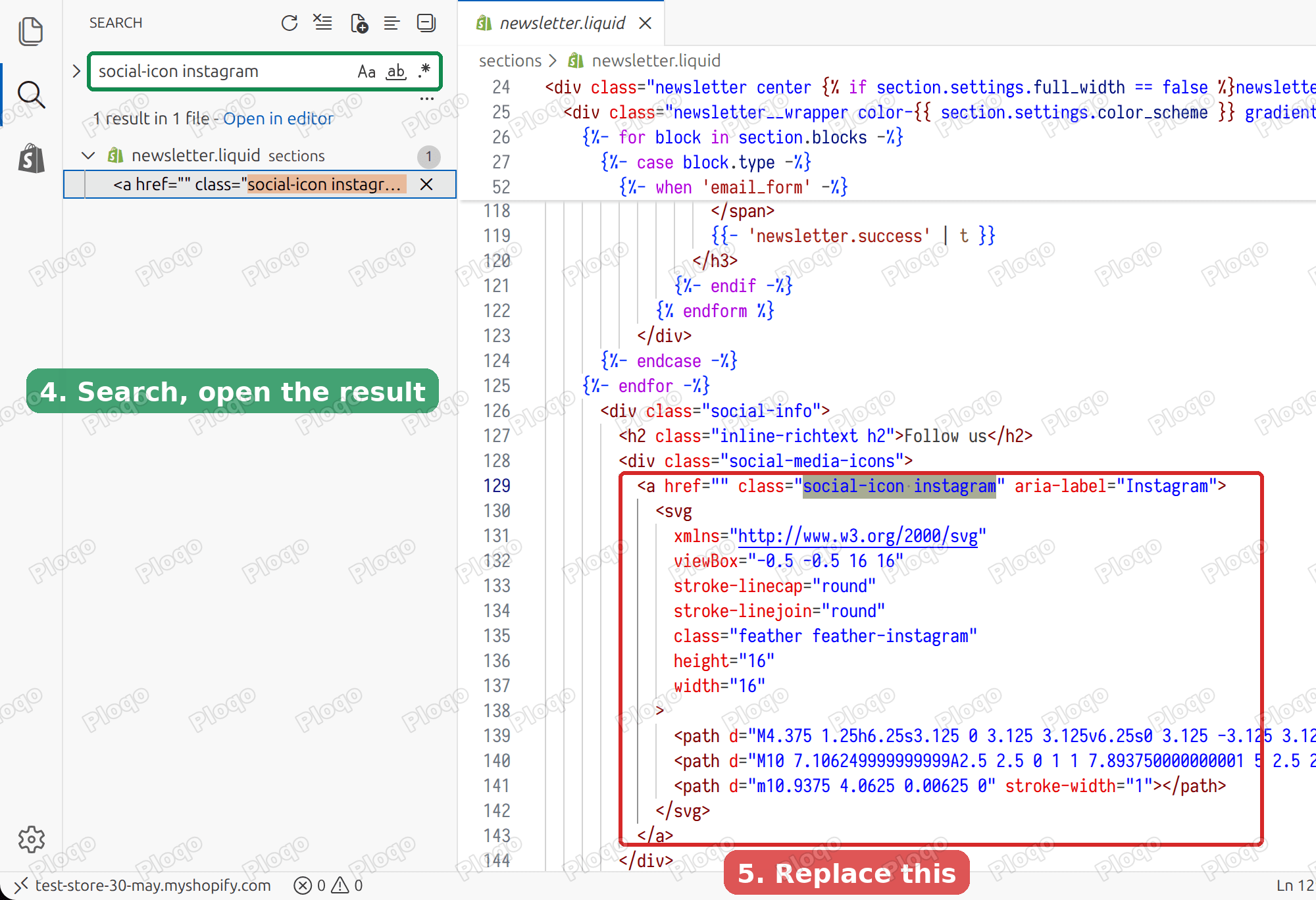 Code editor search results and the old icon block highlighted for deletion