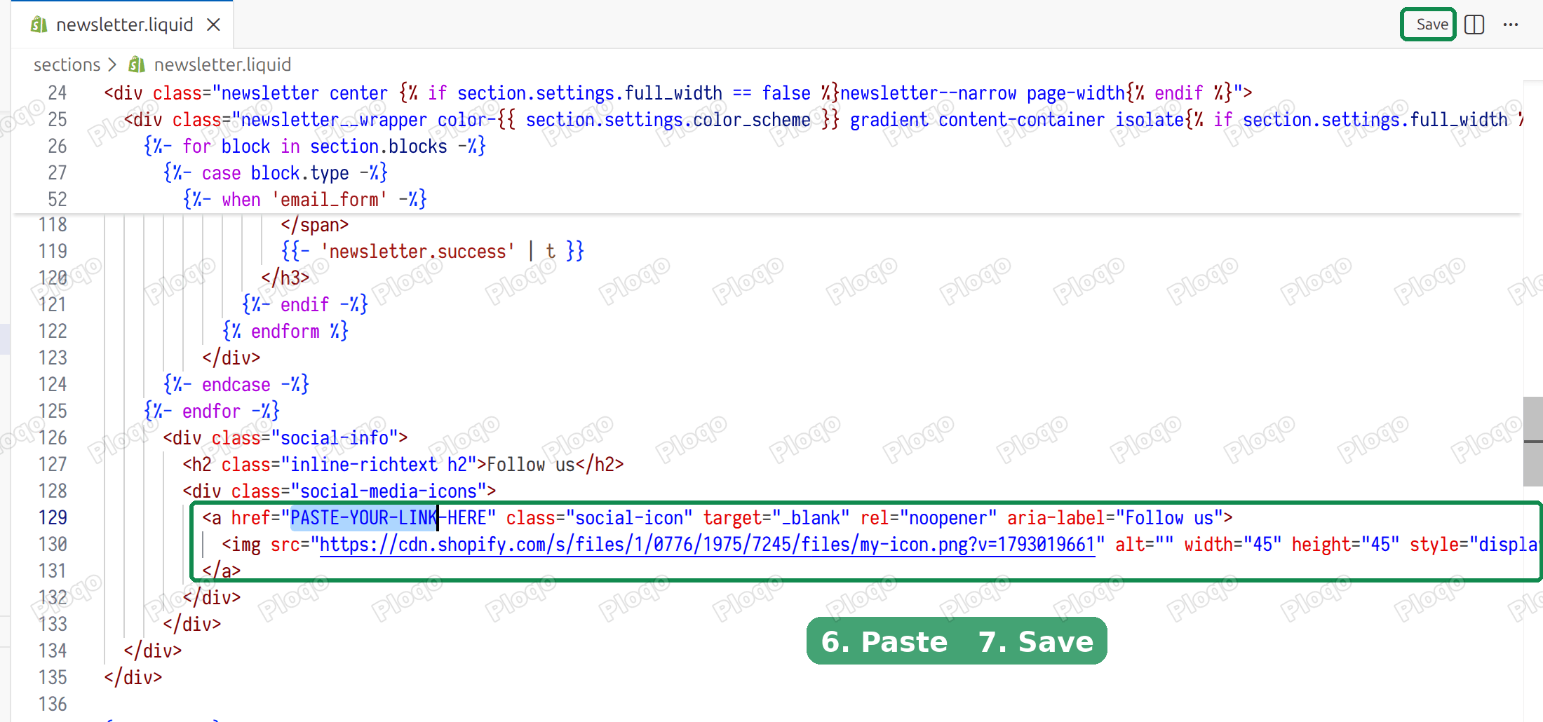 Code editor with the new icon code pasted and the Save button highlighted