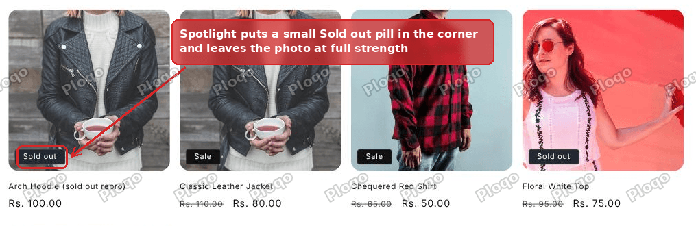 A Shopify collection page where the sold out product only has a small pill in the corner of the card