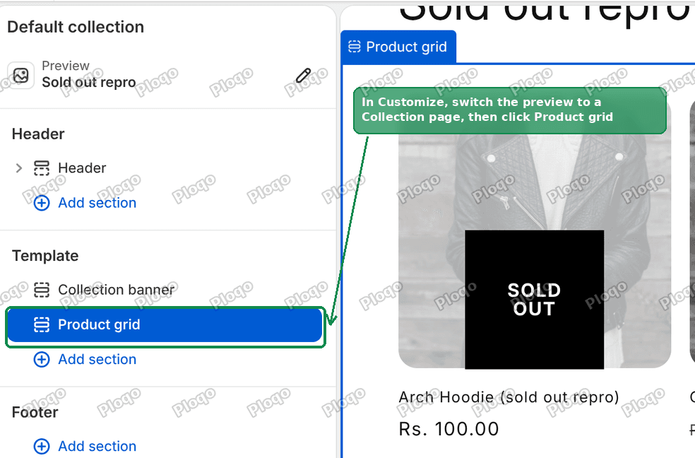 The Shopify theme editor with the Product grid section selected in the left sidebar