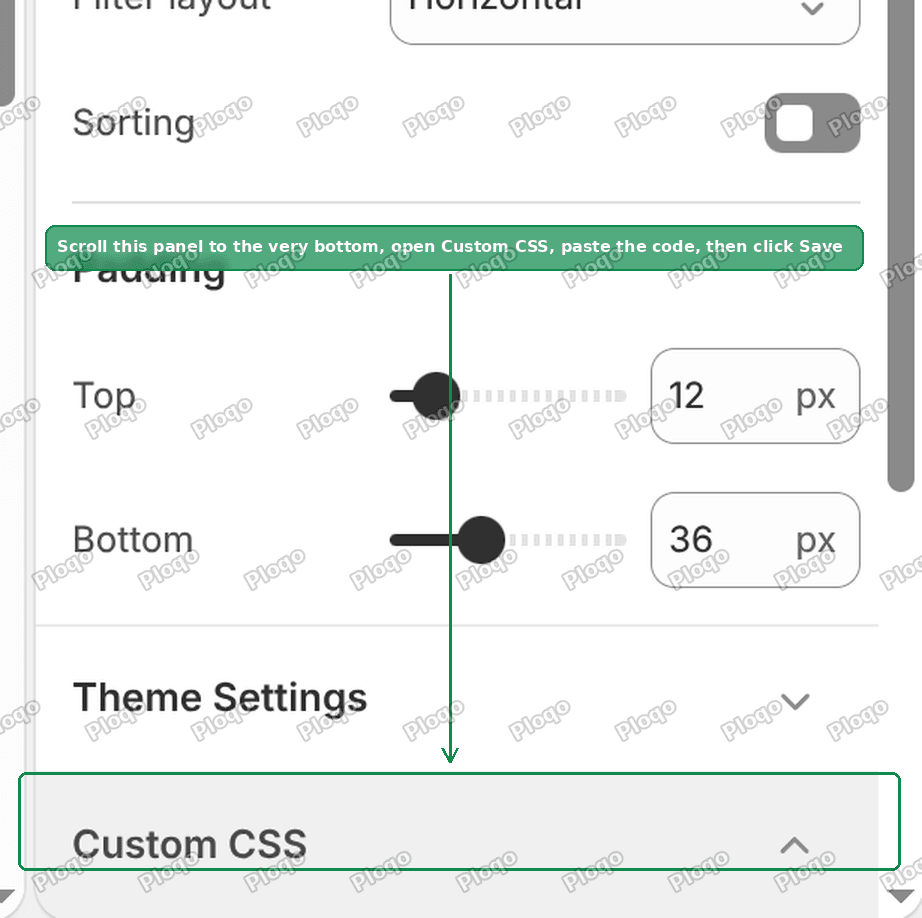 The Custom CSS box at the bottom of the Product grid section settings