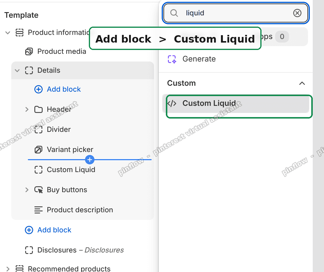 Add block then Custom Liquid under Product information in the Horizon theme editor