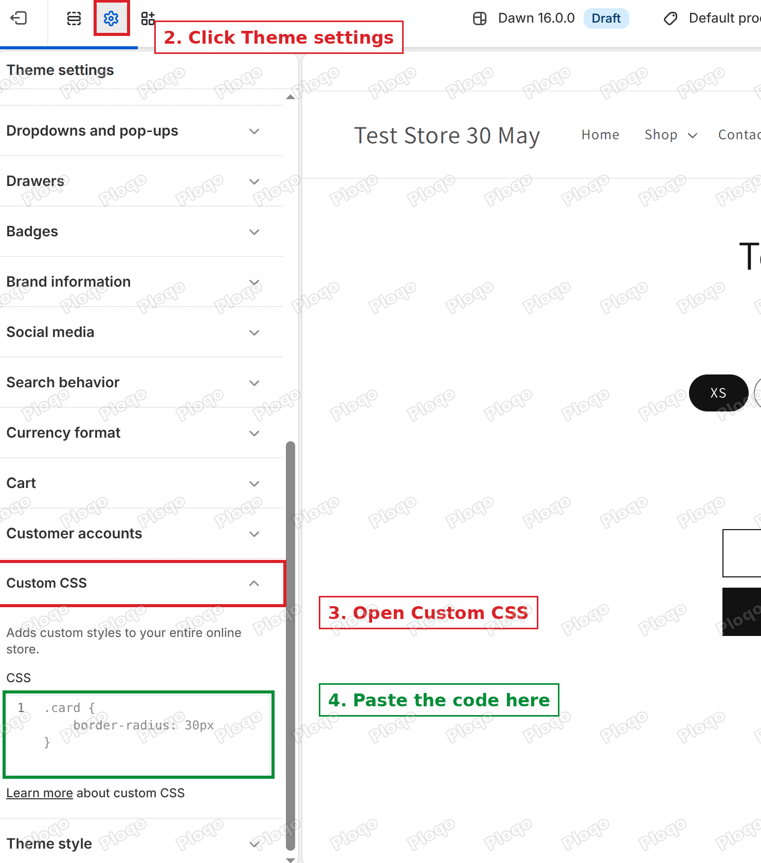 Theme settings with the Custom CSS box open