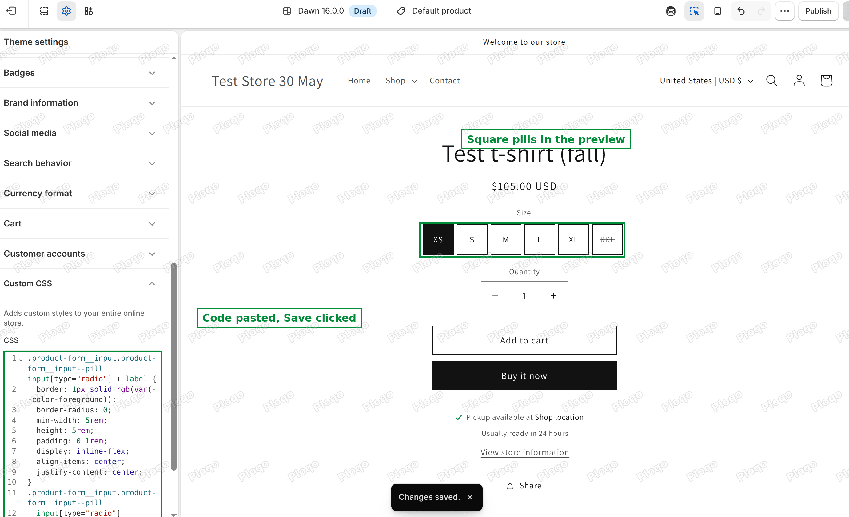 Dawn theme editor with the pasted CSS saved and square size boxes in the preview