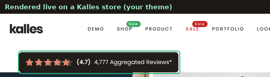 Custom star rating badge rendered on a live Kalles product page