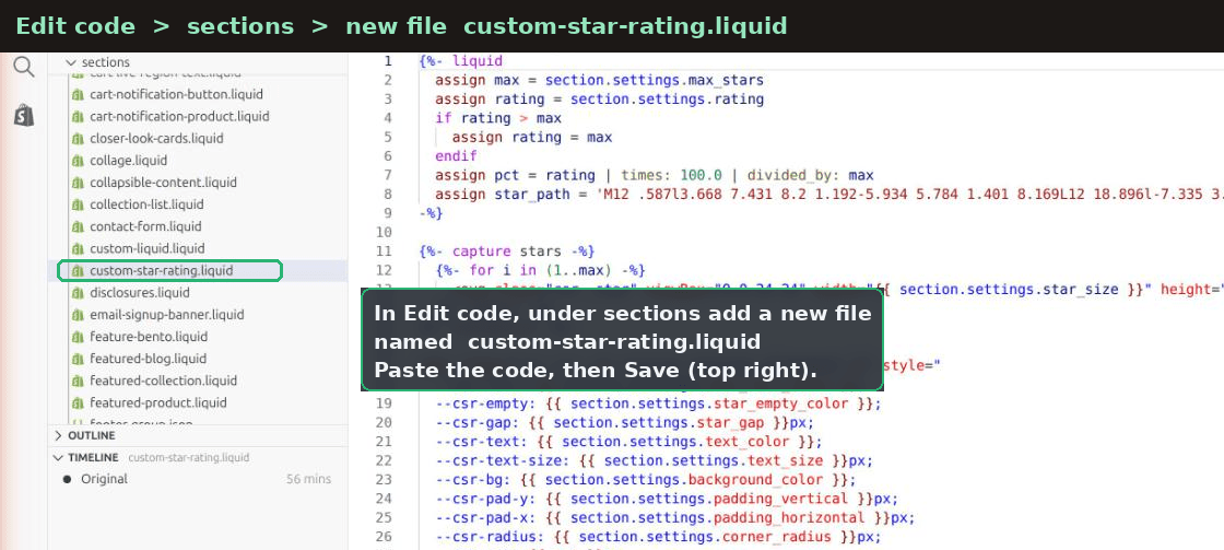 Shopify code editor with a new custom-star-rating section file under Sections