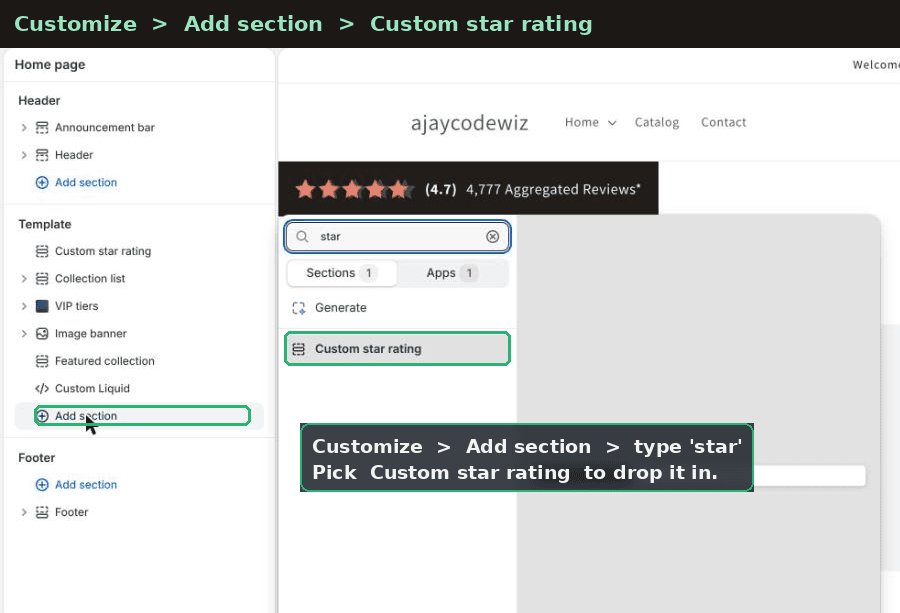 Shopify theme editor Add section picker filtered to Custom star rating