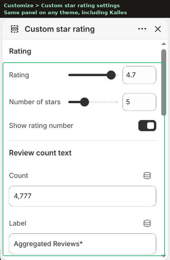 Custom star rating section settings in the Shopify theme editor