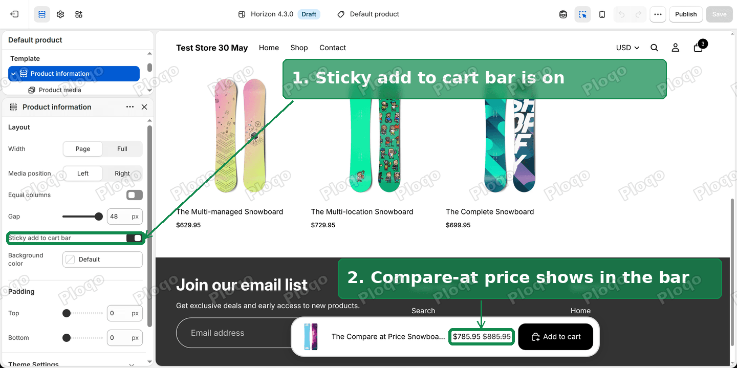 Horizon 4.3.0 theme editor with the Sticky add to cart bar switch turned on, and the bar at the bottom of the product preview showing $785.95 next to the crossed-out $885.95