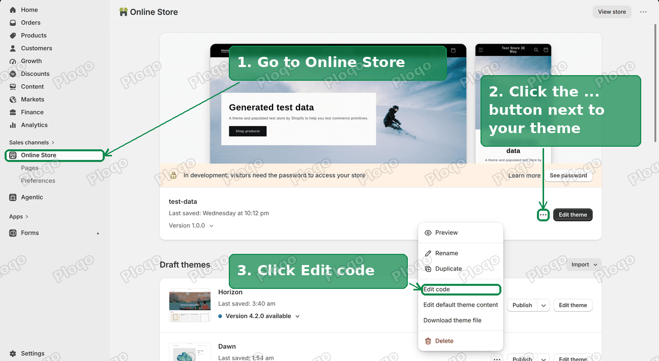 Shopify admin Online Store page with the ... menu open next to the theme, showing Duplicate and Edit code