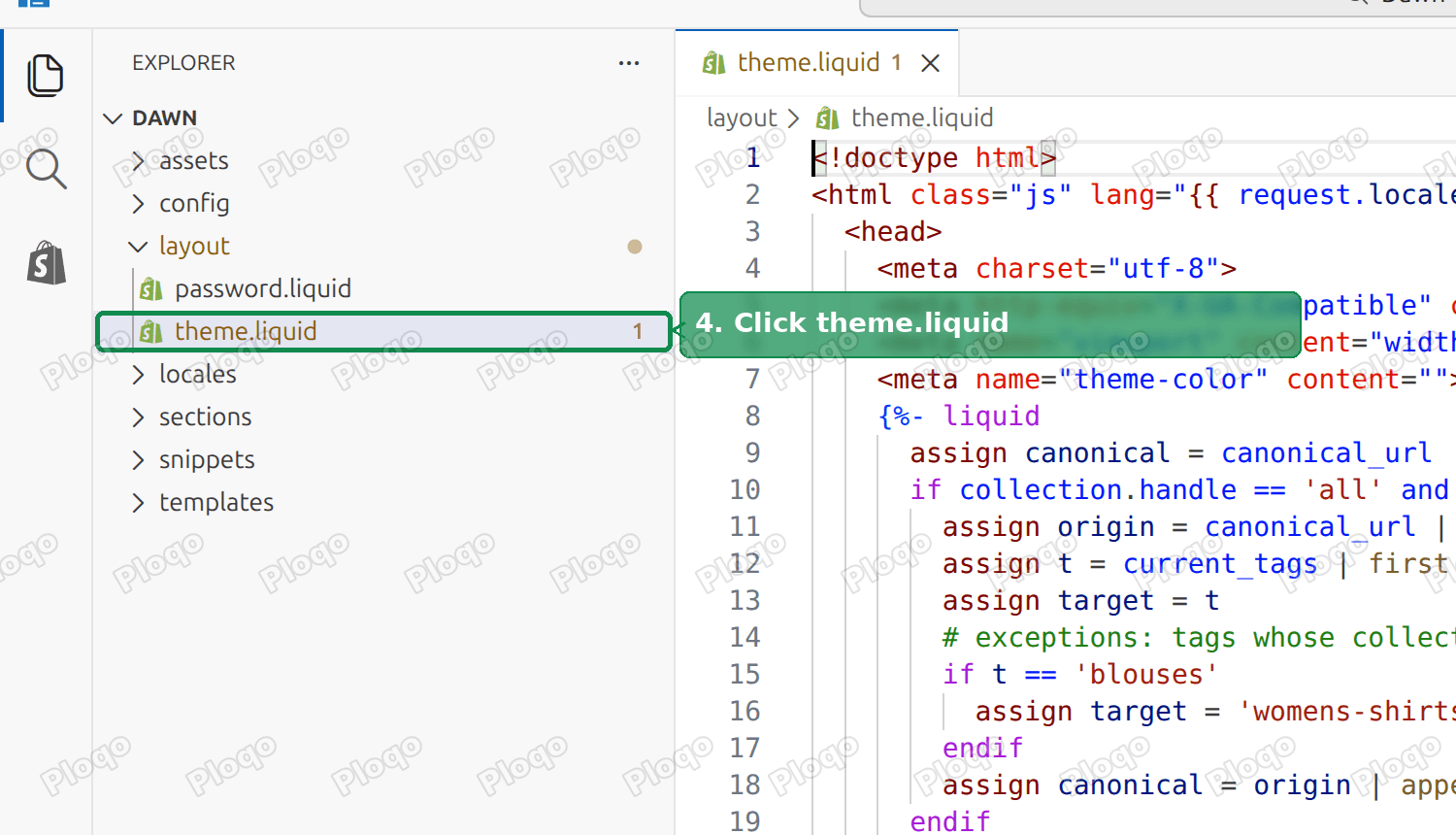 Theme code editor with the Layout folder open and theme.liquid highlighted