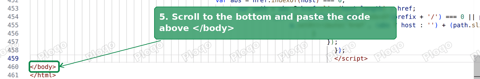 Bottom of theme.liquid in the code editor with the closing body tag highlighted, where the code is pasted above it
