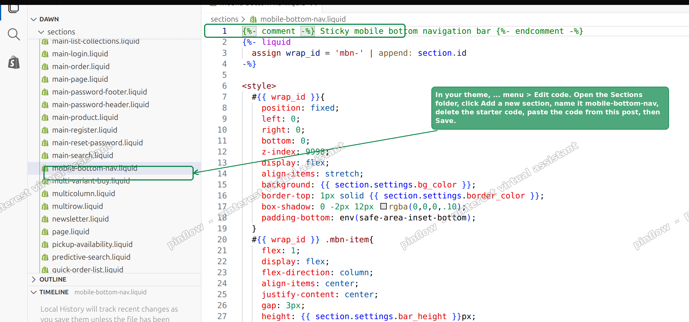 Step 1: create a new section named mobile-bottom-nav in the Edit code screen