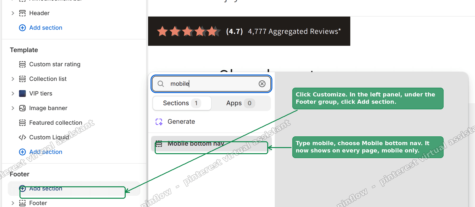 Step 2: add the Mobile bottom nav section under the Footer group in the theme editor
