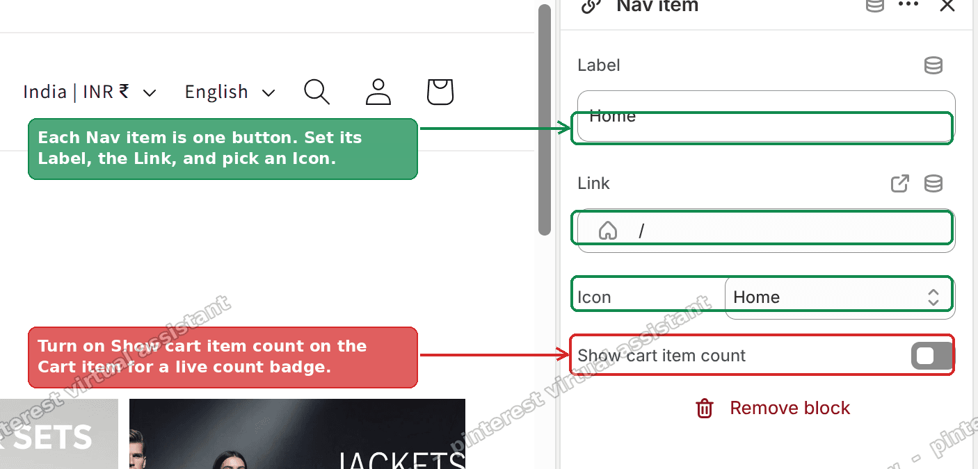 Step 3: set each Nav item label, link and icon, and turn on Show cart item count