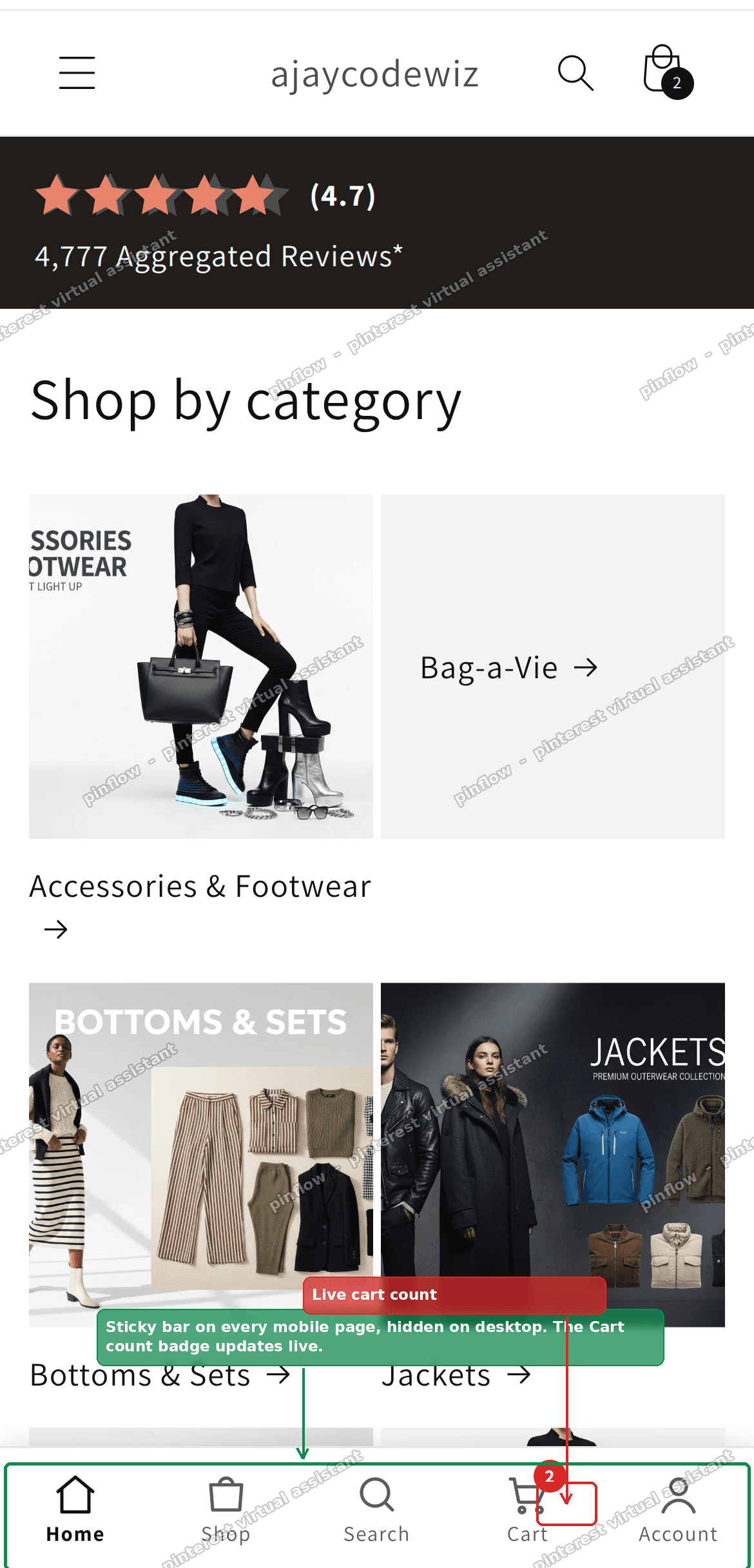 Result on a phone: a sticky bottom navigation bar with Home, Shop, Search, Cart and Account, plus a live cart count badge