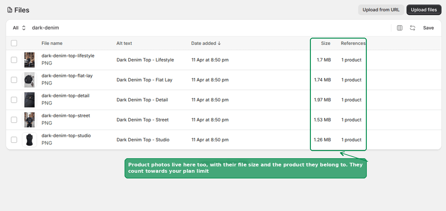 A product photo listed in Content then Files, with its size and the product it belongs to