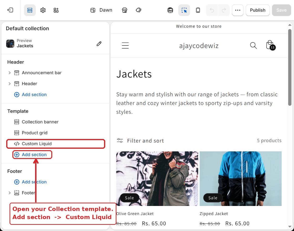 Add section, then Custom Liquid, on the default collection template