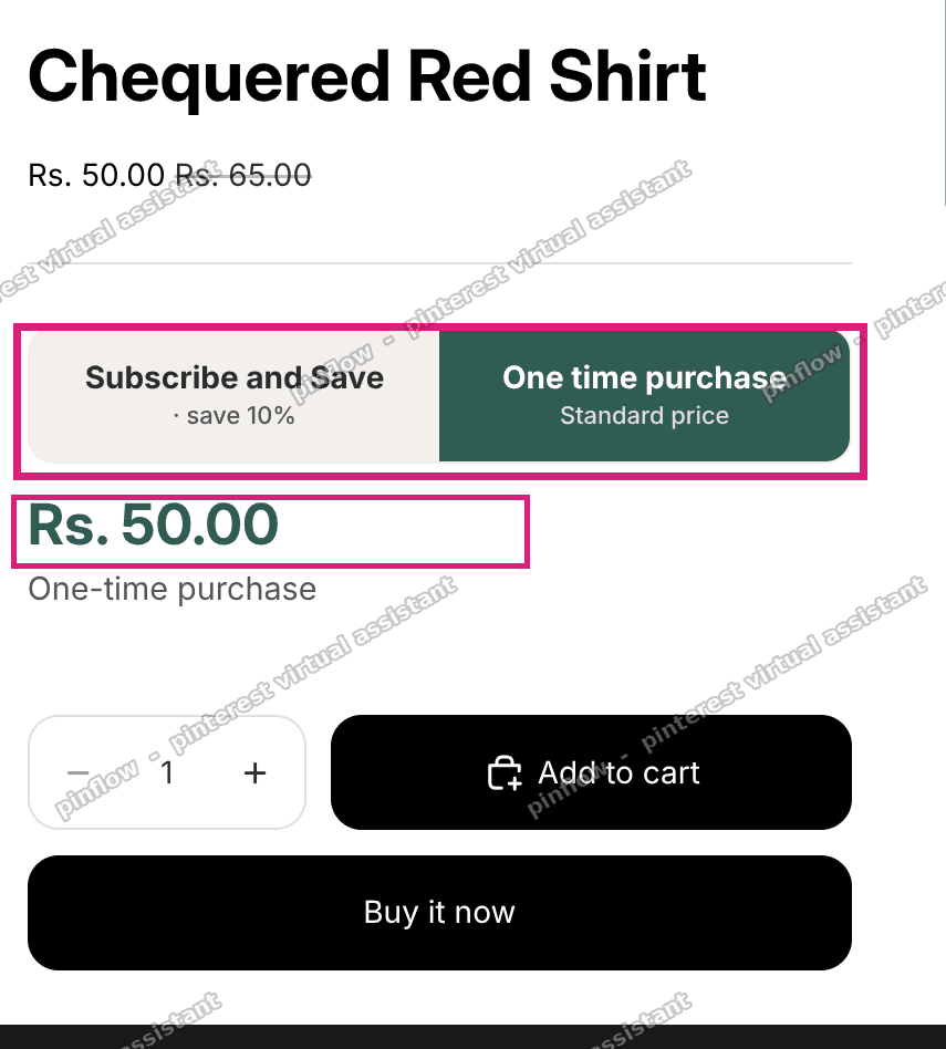 One-time purchase selected, showing the normal price with the frequency dropdown hidden