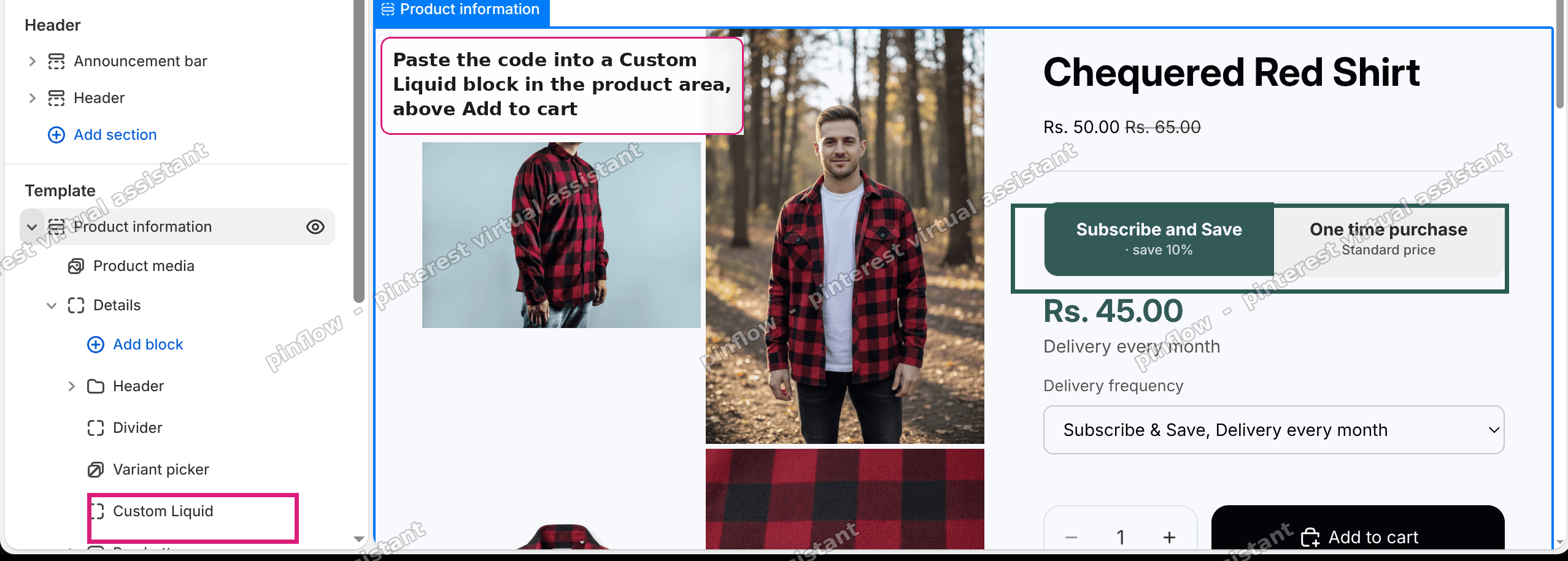 Where the Custom Liquid block goes in the Horizon theme editor, in the product area above Add to cart