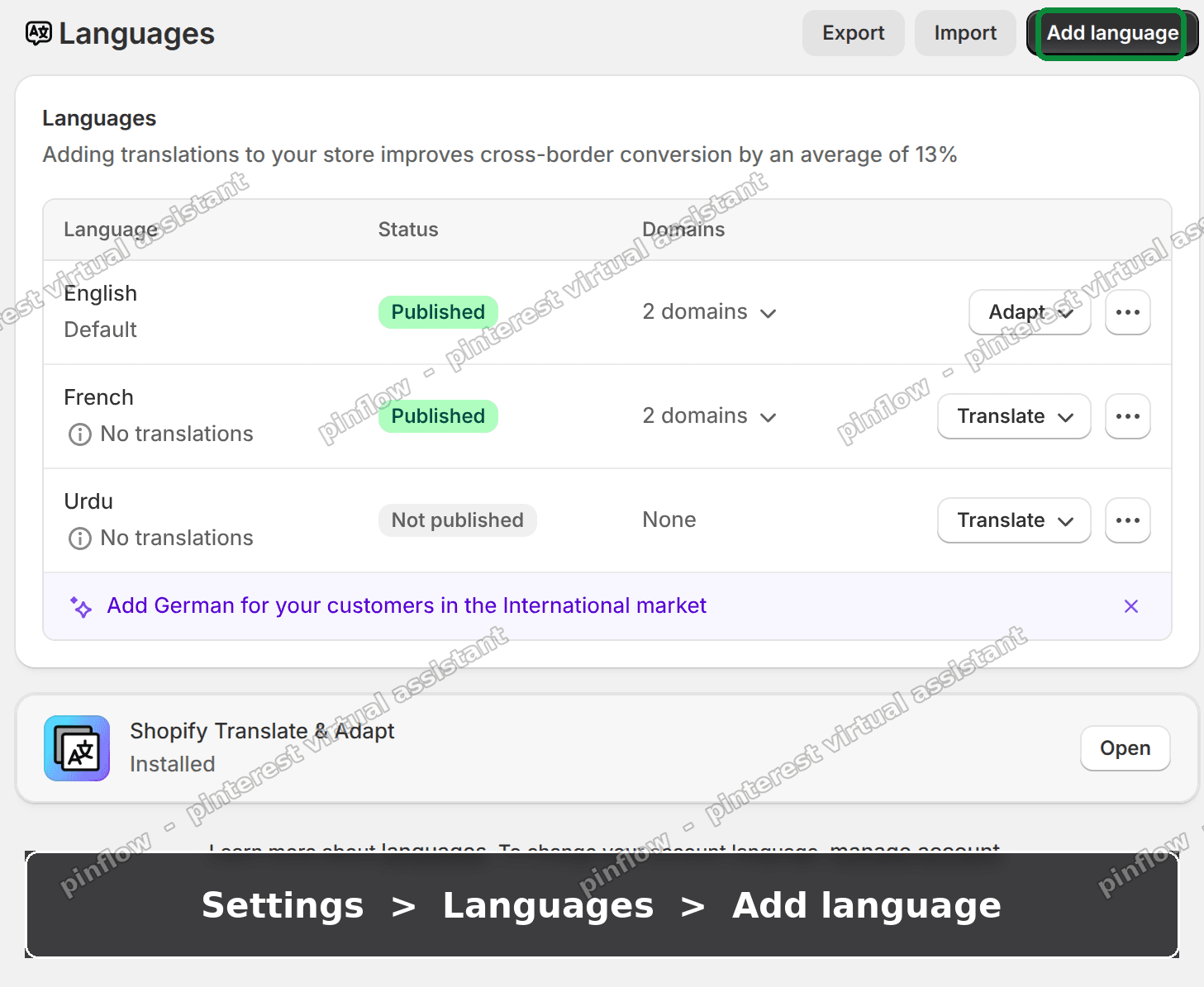 Shopify Languages settings page with the Add language button highlighted in the top right
