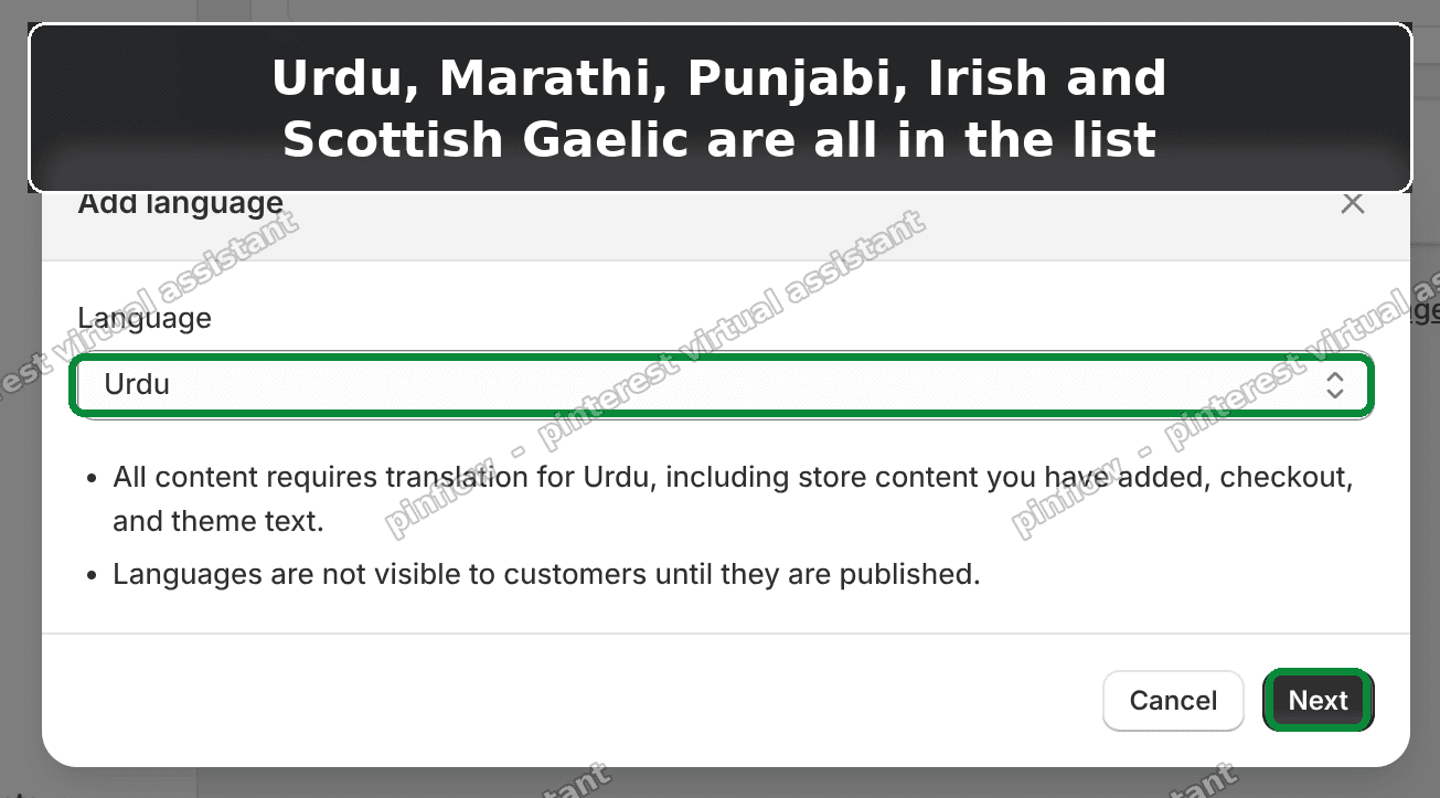 The Add language window with Urdu selected in the dropdown and the Next button highlighted