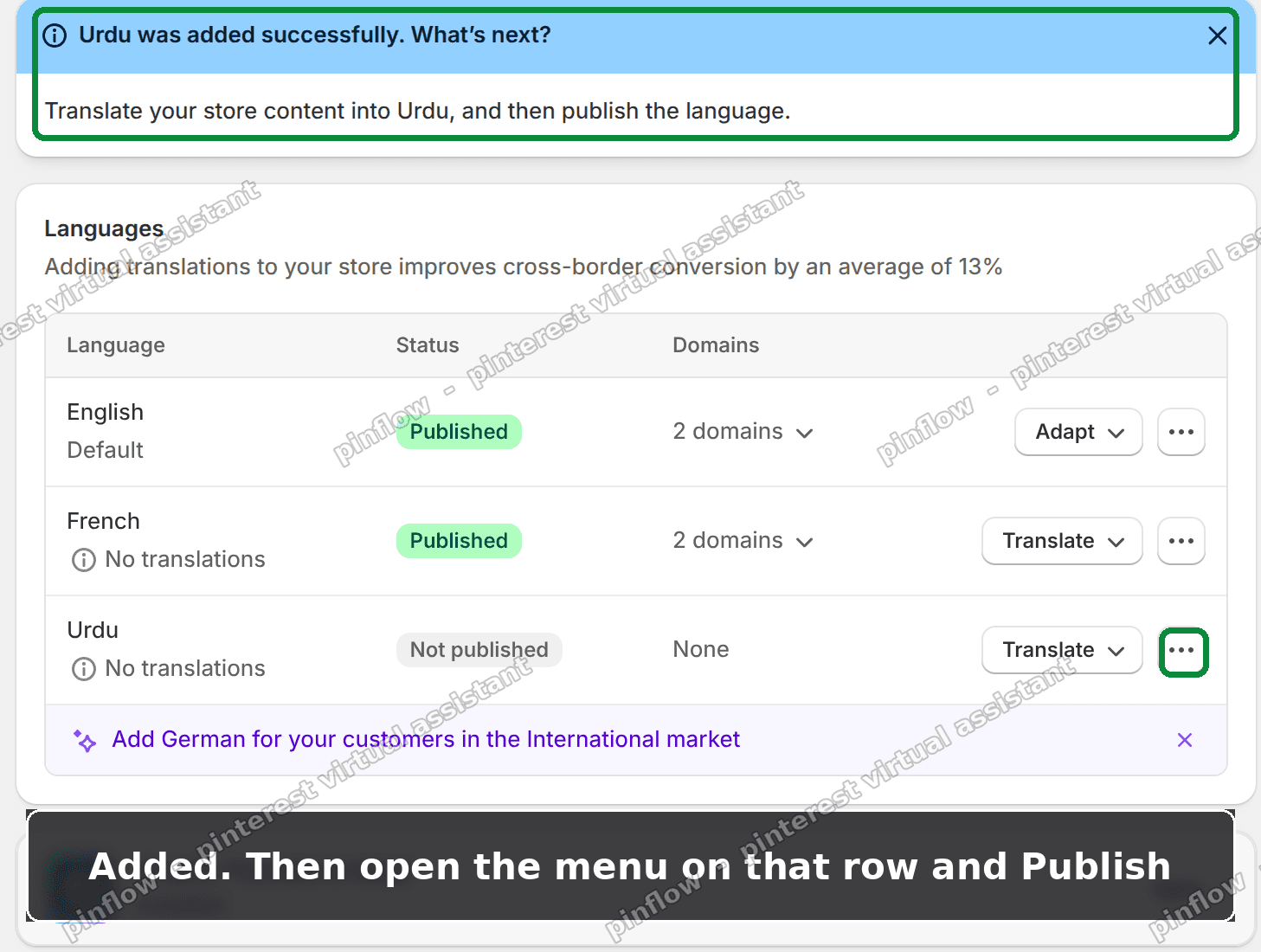 The Languages page after Urdu was added, showing it as Not published, with the row menu highlighted
