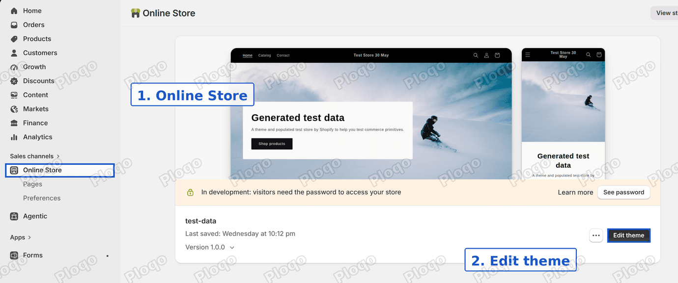 The Shopify admin Themes page with Online Store and the Edit theme button highlighted