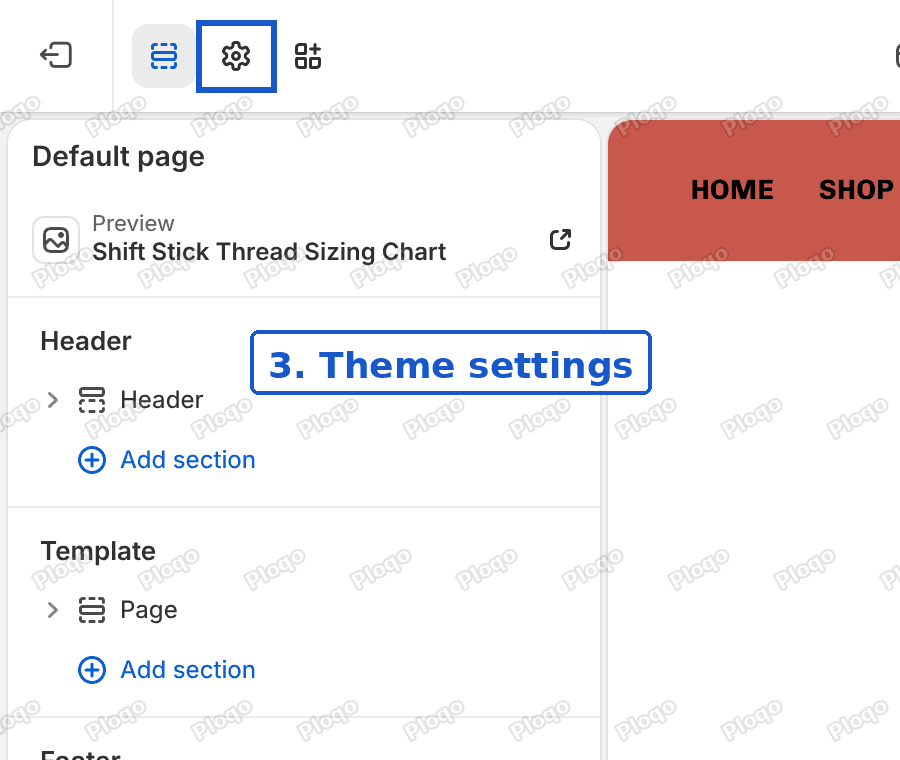The theme editor with the Theme settings gear icon highlighted