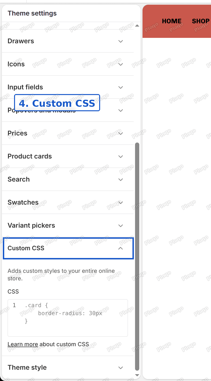 The Theme settings list scrolled down to the Custom CSS section
